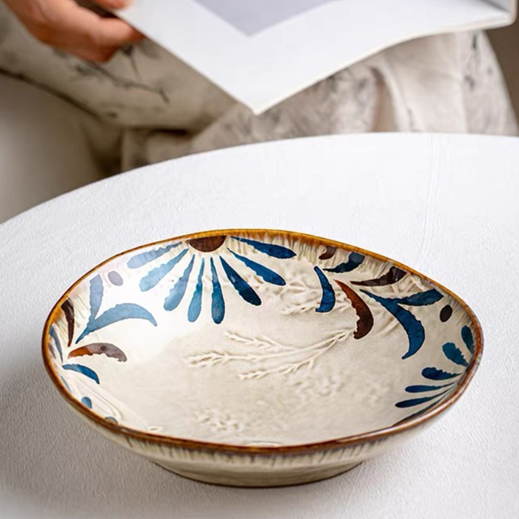 Geniuslambs Handcrafted Blue Daisy Embossed Wabi-Sabi Stoneware Dinner Plate 8-inch