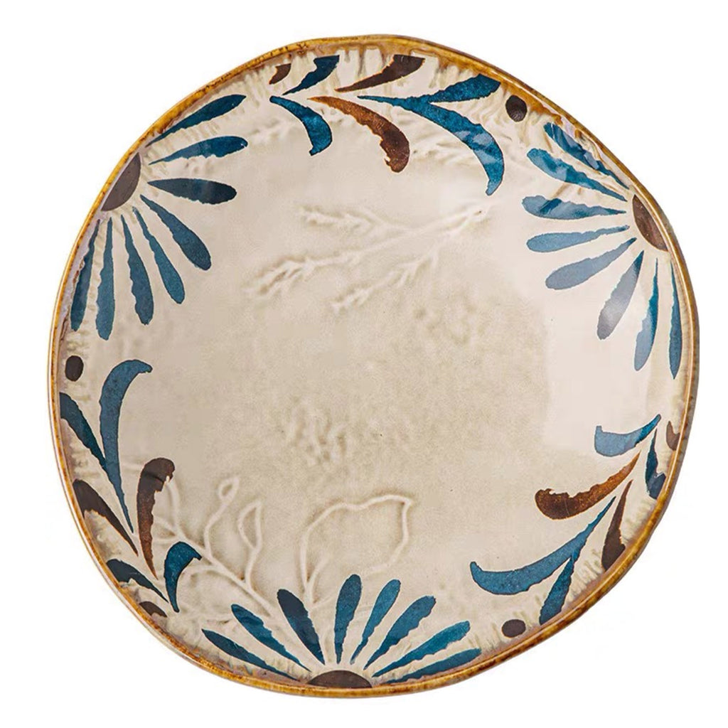 Geniuslambs Handcrafted Blue Daisy Embossed Wabi-Sabi Stoneware Dinner Plate 8-inch